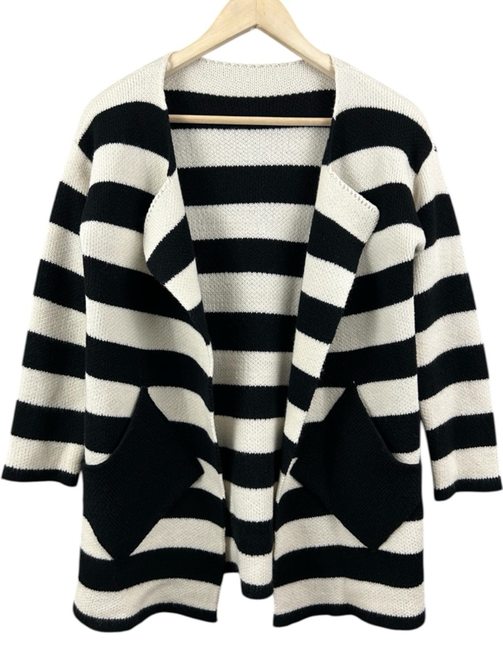 Striped Open Front Sweater Cardigan Pockets Size Medium